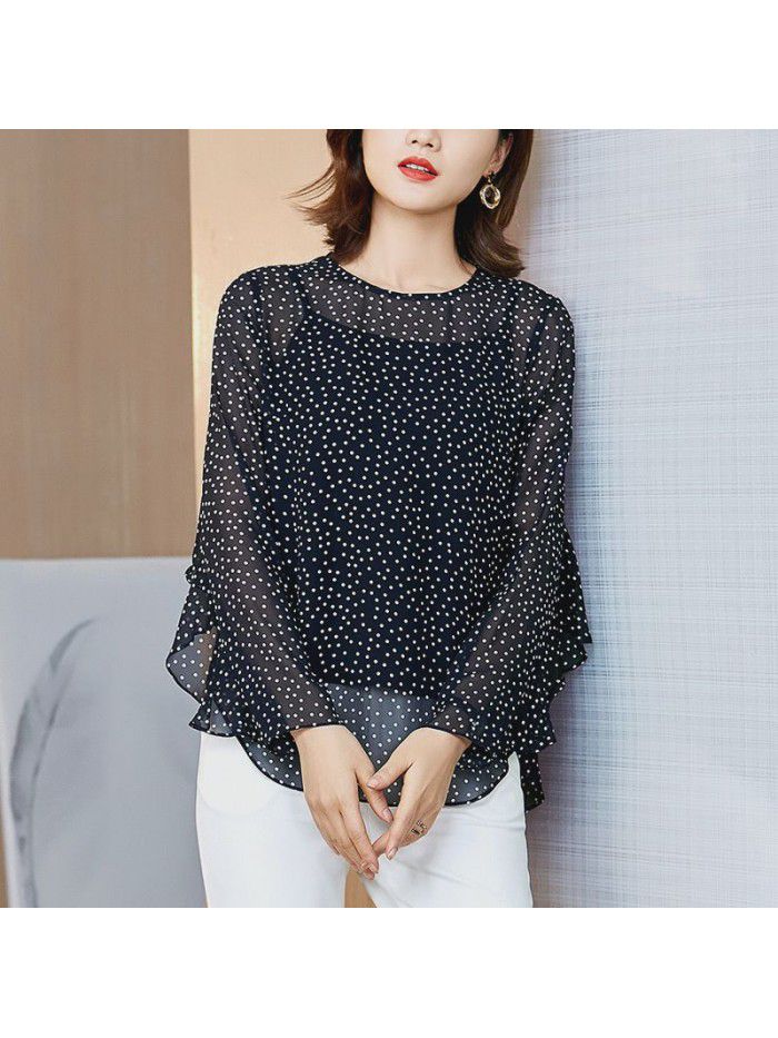 Silk shirt women's long sleeve  spring new women's clothing French temperament wave point mulberry silk shirt two piece set 