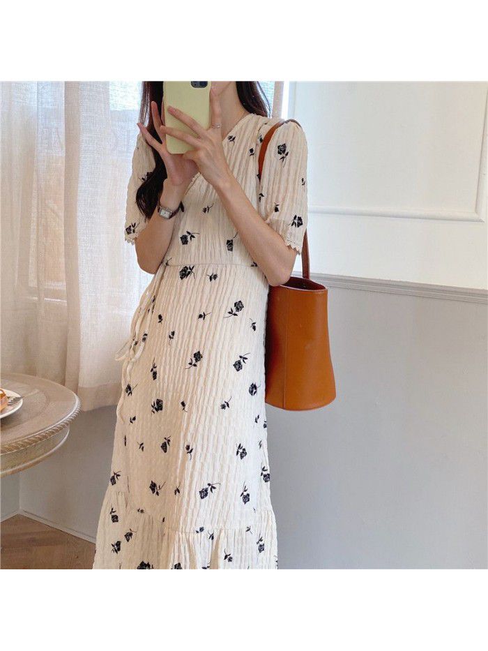 Summer  new slim temperament V-neck waist short sleeve A-line dress French floral dress summer dress 