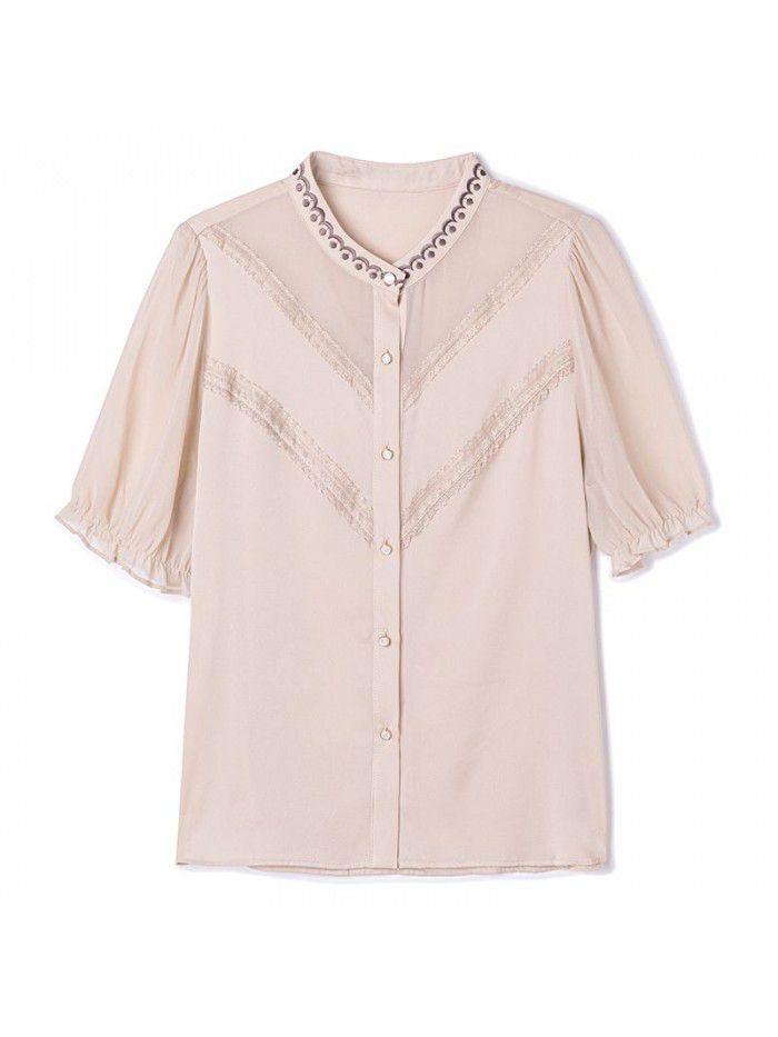 Heavy silk shirt summer  new fashion women's lace embroidery high end silk apricot short sleeve shirt 
