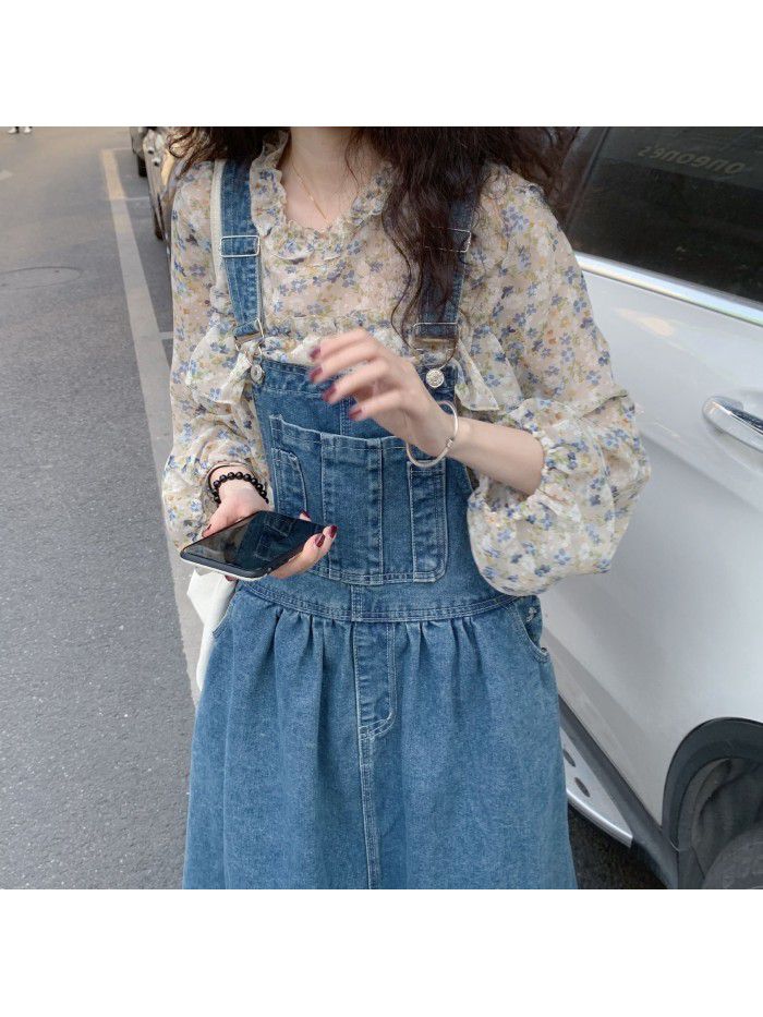 spring and summer new age reducing denim strap skirt pompous skirt women's Retro High Waist foreign style medium length dress 