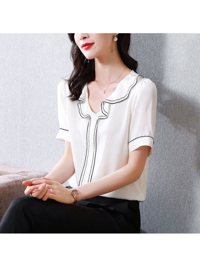 White heavyweight silk T-shirt  spring new women's loose large light ripe Gangfeng mulberry silk short sleeve top 