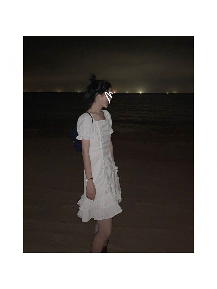 Korean light ripe Island Holiday white dress  new spring dress with Ruffle Skirt 