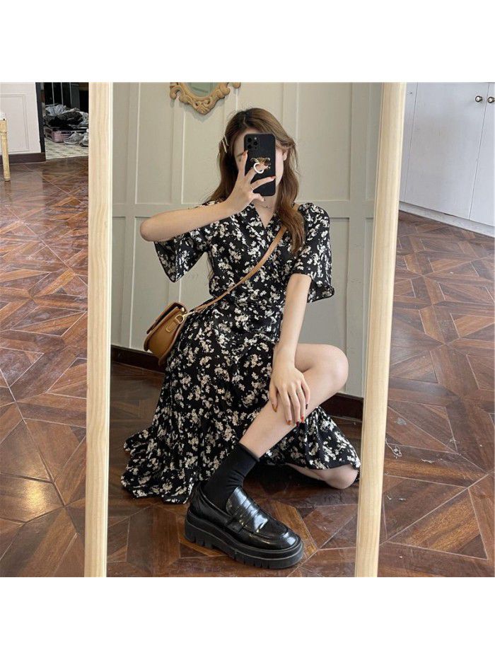 Floral Dress Medium Length women's  new summer waist slim design irregular short sleeve skirt  Floral Dress Medium Length women's  new summer waist slim design irregular short sleeve skirt