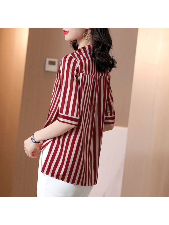 Striped silk shirt women's top  summer new loose cover meat temperament foreign style mulberry silk blouse 