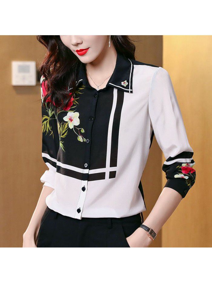 Silk shirt women's  spring and summer new foreign style mulberry silk top fashion temperament contrast shirt women's wear 