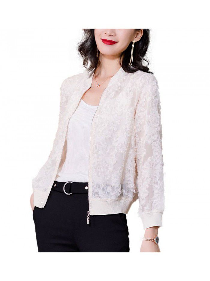 Lace Baseball Jacket Women's spring and summer  new thin embroidered sunscreen shirt women's long sleeve loose cardigan 