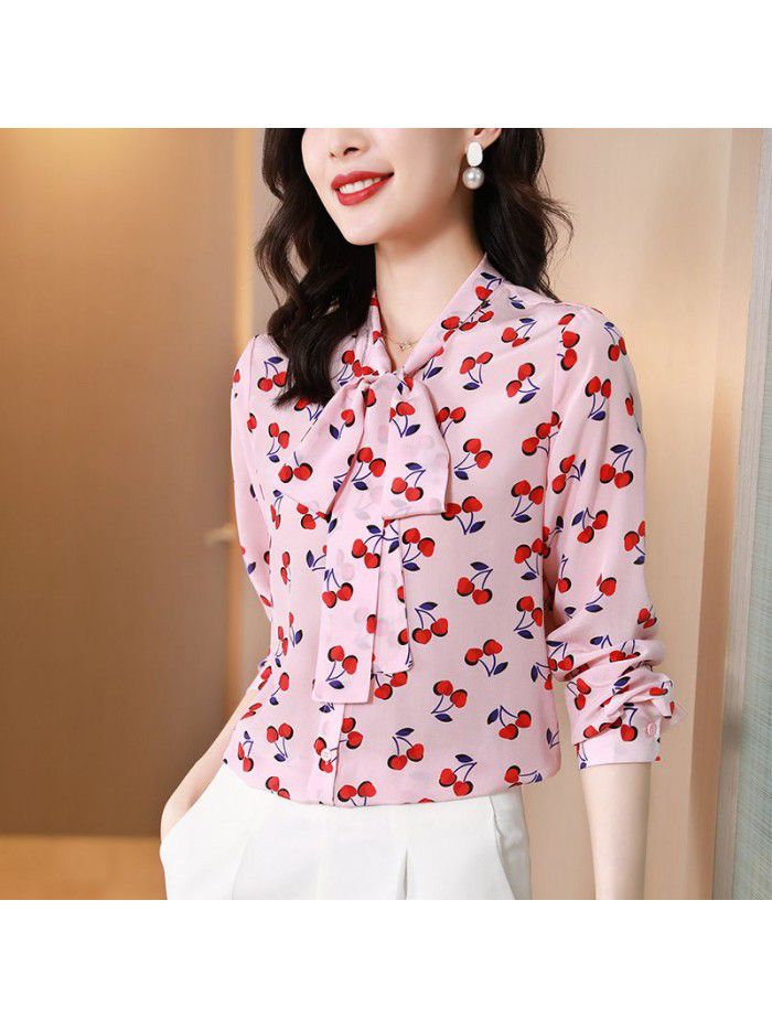 Pink silk shirt women's  spring fashion new cherry Print Long Sleeve mulberry silk top women's wear 