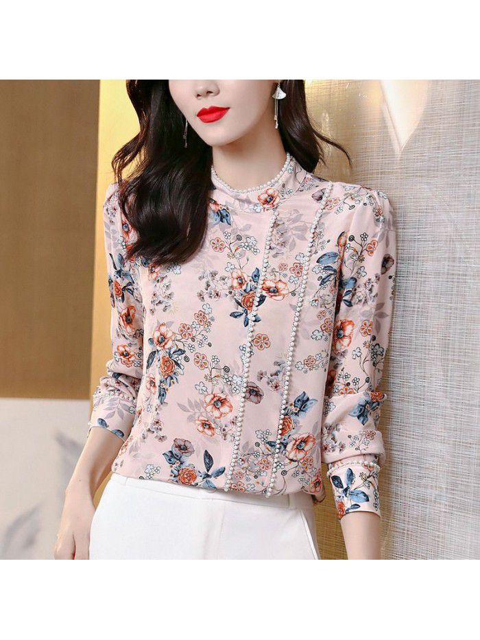 Heavyweight silk shirt women's  spring dress new fashion French niche long sleeve print temperament mulberry silk top 