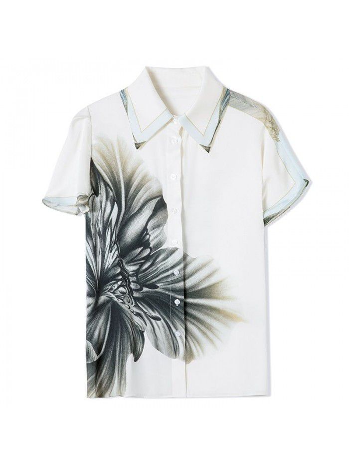 White heavyweight silk top short sleeve  summer new fashion print wide pine mulberry silk shirt 