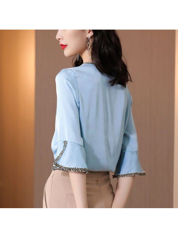 Shuangqiao Silk Shirt Short Sleeve summer dress  new top pure color foreign style shirt mulberry silk ironing temperament 