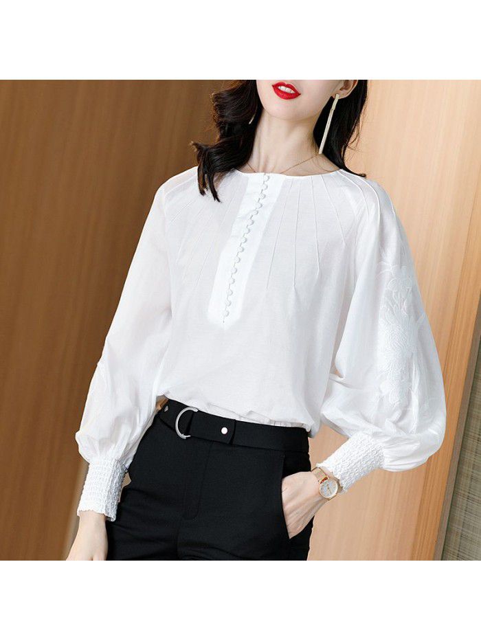 spring new shirt women's design sense minority fashion foreign style shirt temperament retro embroidery silk top 