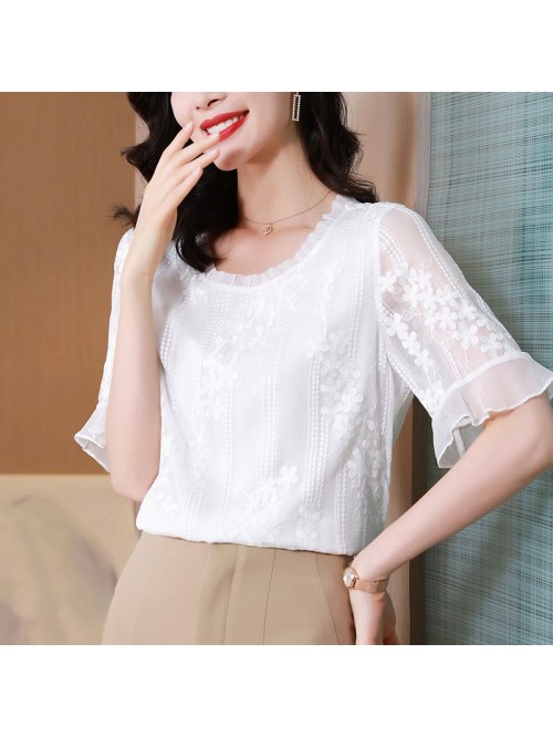 White silk shirt women's new short sleeve des...