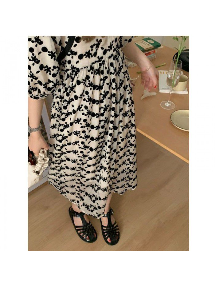 Korean light French foam sleeve flocked floret dress 