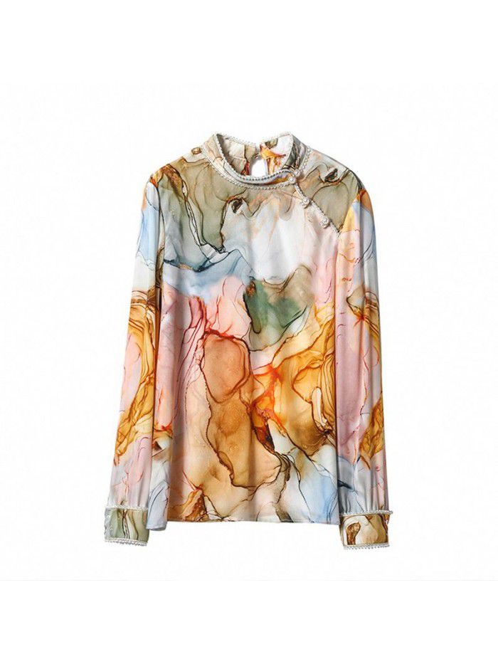 Heavy silk shirt women's  new spring fashion loose coil button printing drape long sleeve mulberry silk top 