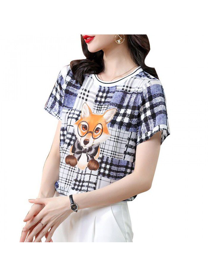 Silk short sleeve T-shirt women's summer  new loose cartoon print mulberry silk harbor style Korean version top 