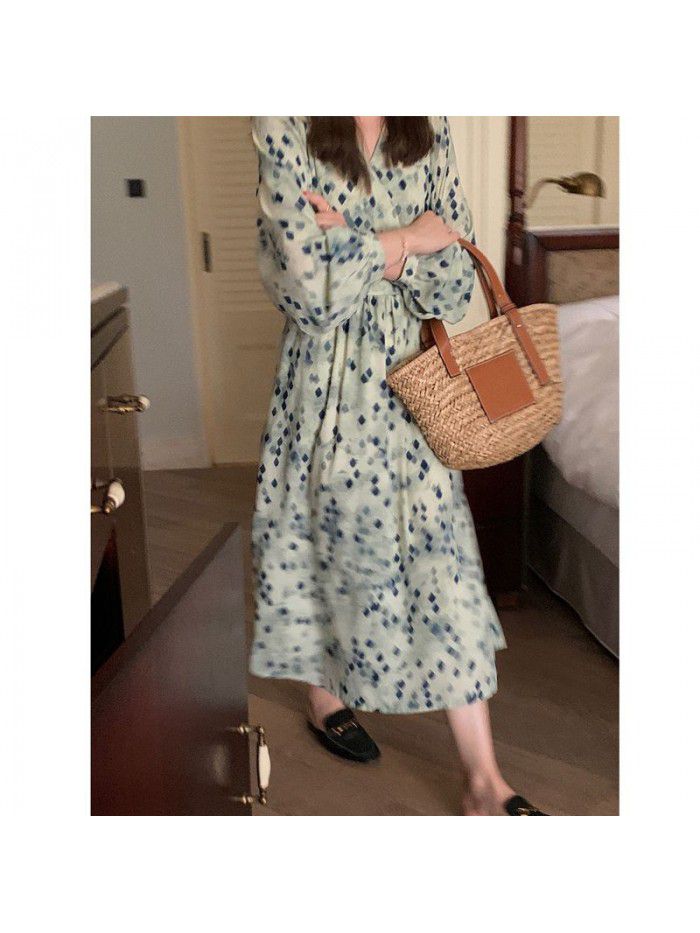 spring fashion commuting high waist slim V-neck floral dress (rhombic / blue) A-line medium length skirt 