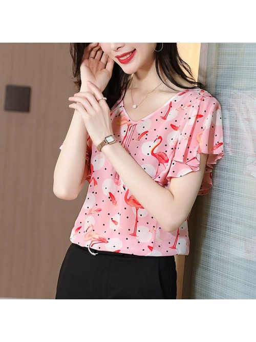 Silk blouse female mulberry silk short sleeve  spr...