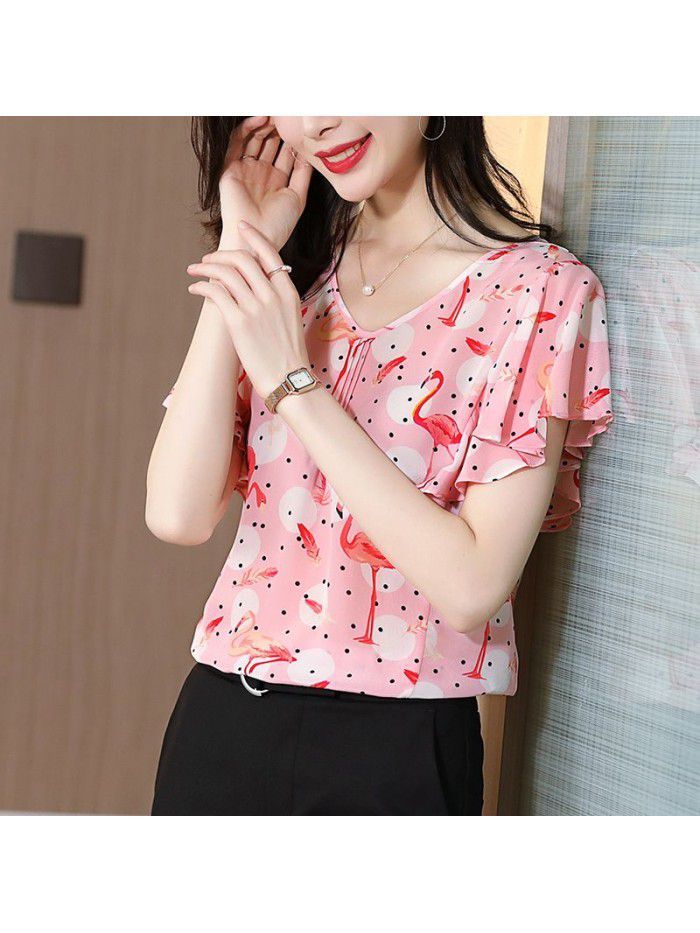 Silk blouse female mulberry silk short sleeve  spring new loose style V-neck Ruffle Shirt Top 