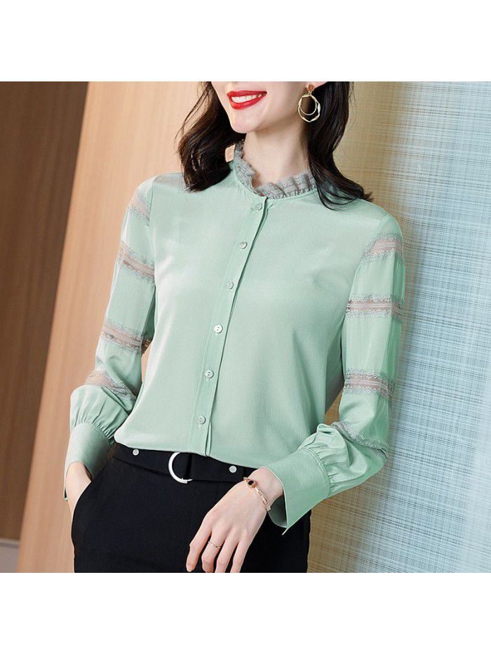 spring new style foreign style top minority lace split sleeve stand collar splicing silk shirt female mulberry silk shirt 