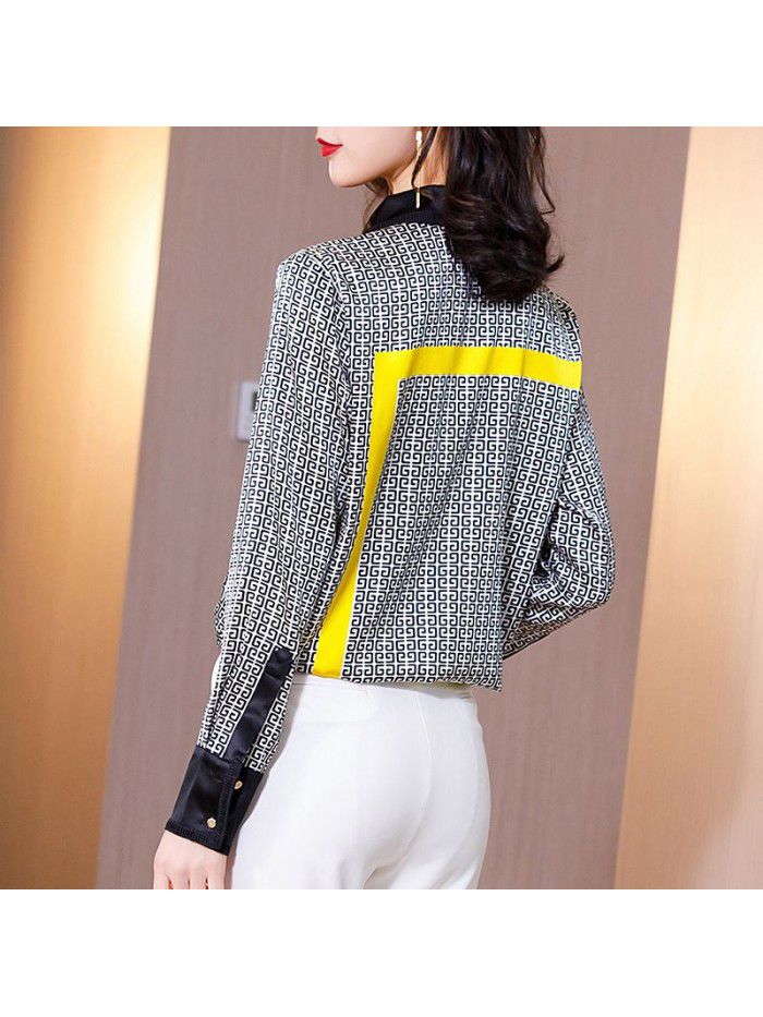 Heavy weight satin silk shirt women's long sleeve  spring new color contrast western style loose top Plaid Shirt 