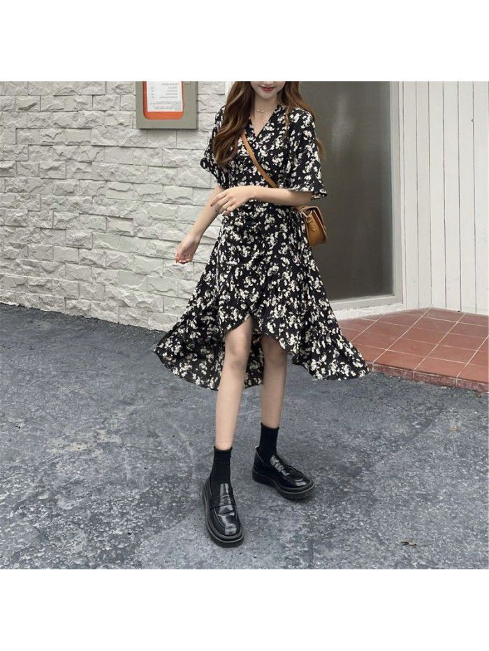 Floral Dress Medium Length women's  new summer waist slim design irregular short sleeve skirt  Floral Dress Medium Length women's  new summer waist slim design irregular short sleeve skirt