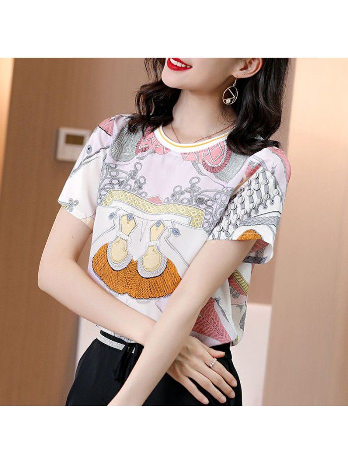 Silk shirt female  summer new short sleeve T-shirt round neck loose and thin casual silk top 