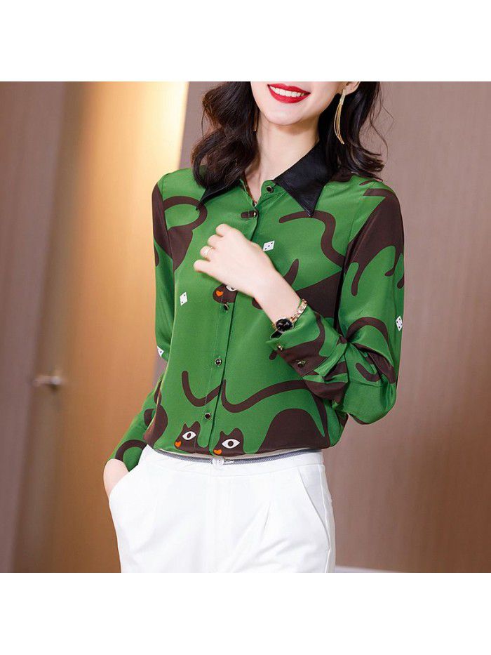 Heavyweight silk shirt women's  spring new fashion foreign style Abstract cat print versatile silk blouse women 
