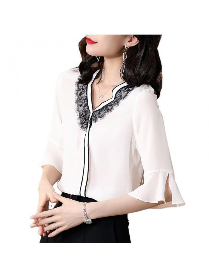 Real silk shirt women  summer new lace design small foreign style short sleeve silk shirt women 