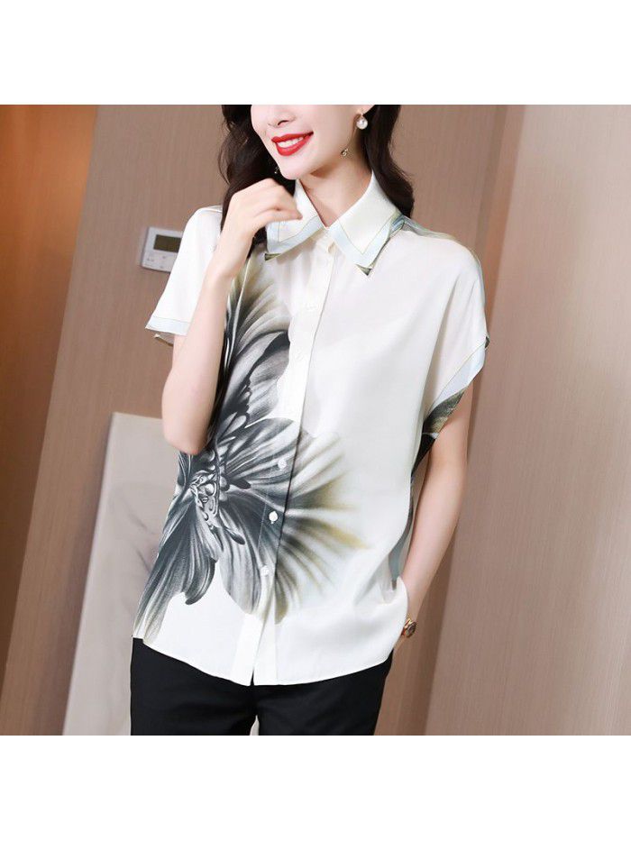 White heavyweight silk top short sleeve  summer new fashion print wide pine mulberry silk shirt 