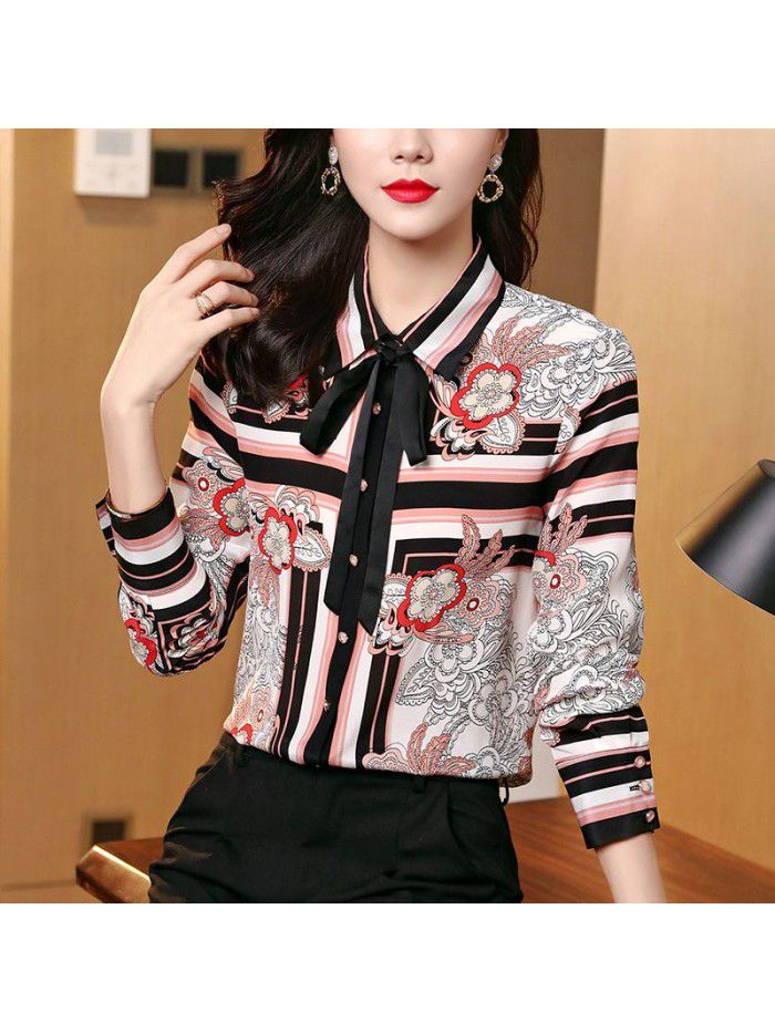 Spring  new women's elegant fashion temperament lace up Lapel printed silk shirt top 