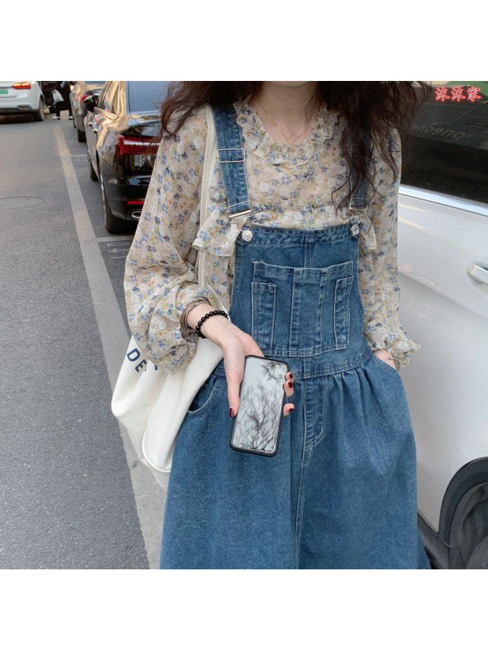 spring and summer new age reducing denim strap skirt pompous skirt women's Retro High Waist foreign style medium length dress 