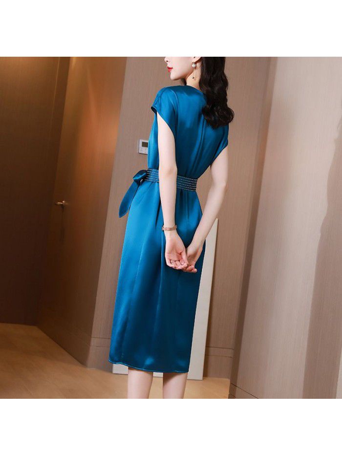 Blue triacetic acid satin dress women's summer dress new French temperament waist light luxury fashion split one step skirt  Blue triacetic acid satin dress women's summer dress new French temperament waist light luxury fashion split one step skirt