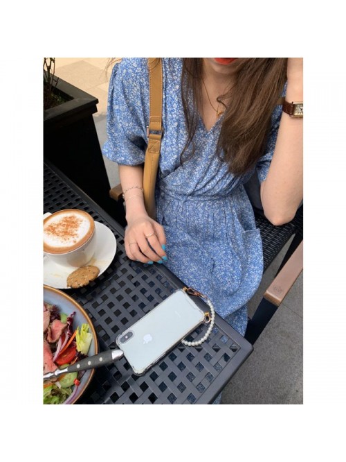 Korean Miss romantic waist V-neck Retro Blue Flora...