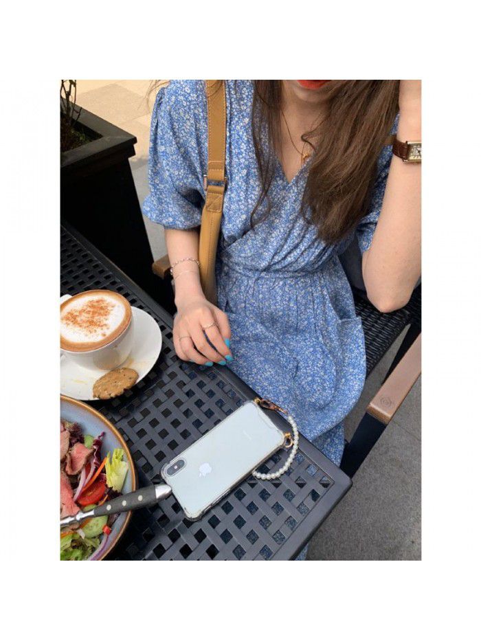 Korean Miss romantic waist V-neck Retro Blue Floral dress women's summer temperament slim dress 