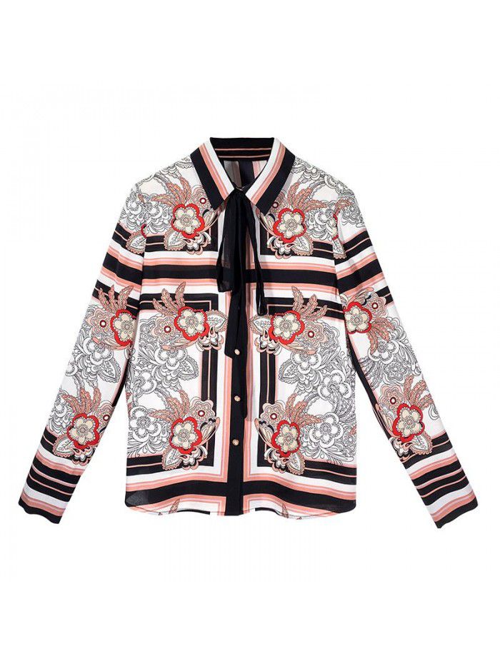Spring  new women's elegant fashion temperament lace up Lapel printed silk shirt top 