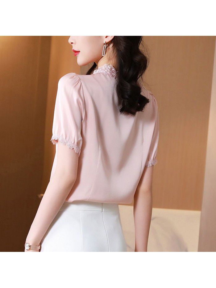 Women's design sense of heavy silk shirt niche  summer new lace short sleeve Mulberry Silk Pink Top 