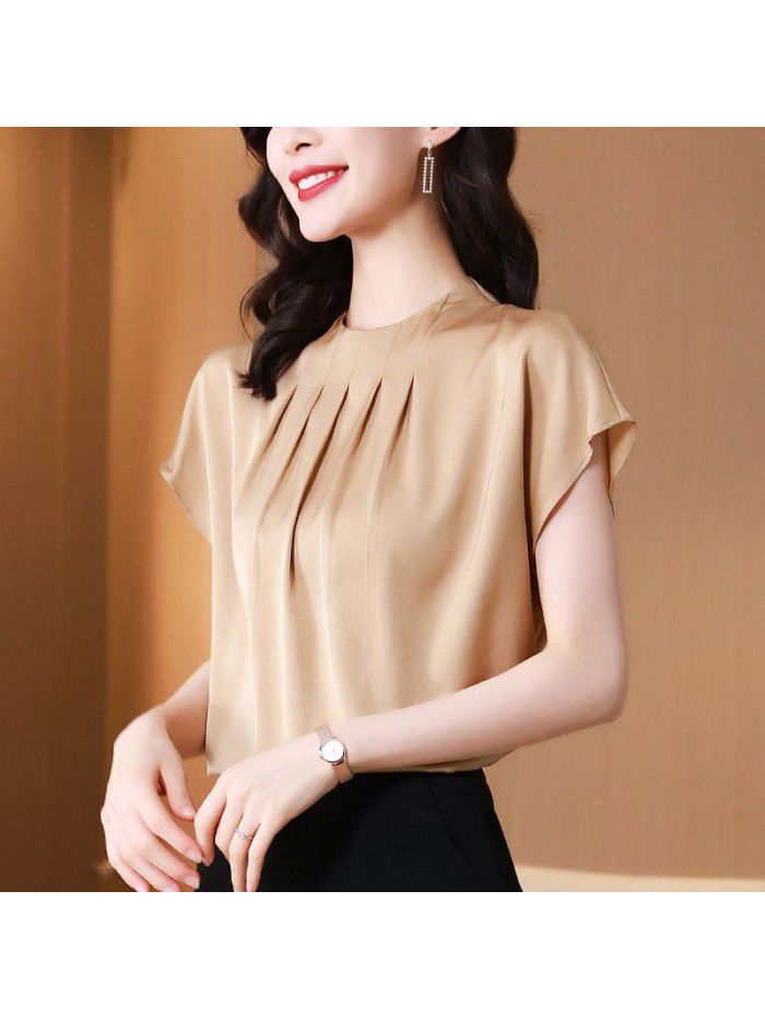 Silk shirt fan top female short sleeve  new loose T-shirt fashion foreign pure color mulberry silk shirt 