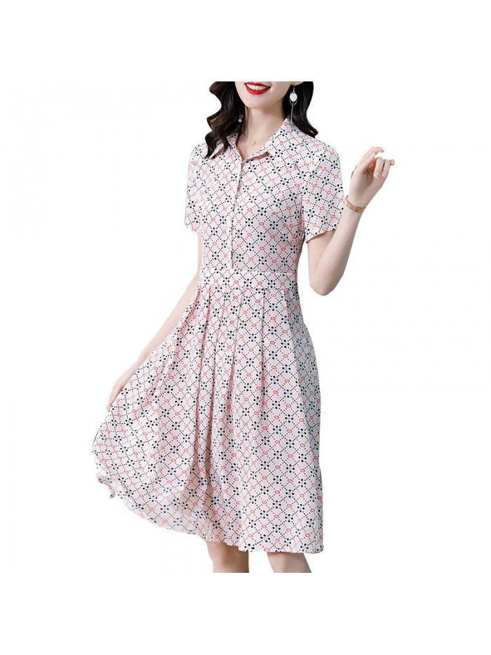Mulberry silk skirt  spring and summer new short sleeve Lapel Plaid waist slim silk dress girl 