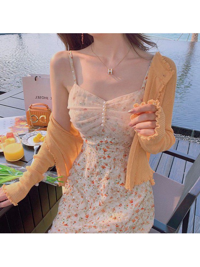 "Monet garden" French drawstring dress women's summer  spring new style gentle Floral Dress Medium Length "Monet garden" French drawstring dress women's summer  spring new style gentle Floral Dress Medium Length