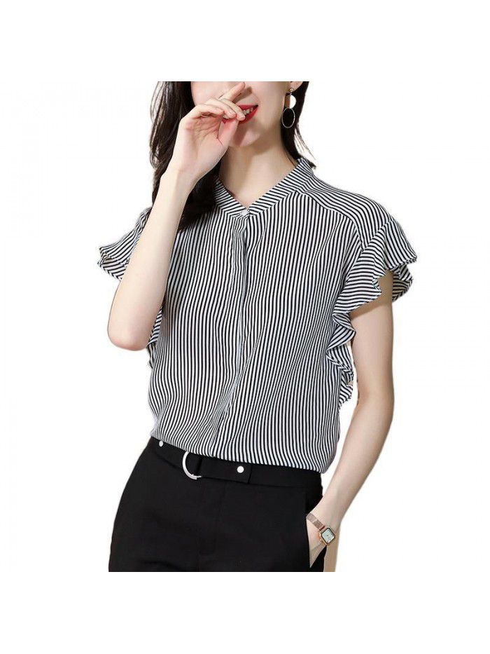 Silk shirt women's  summer new commuter stripe short sleeve design sense minority temperament stand collar versatile top 