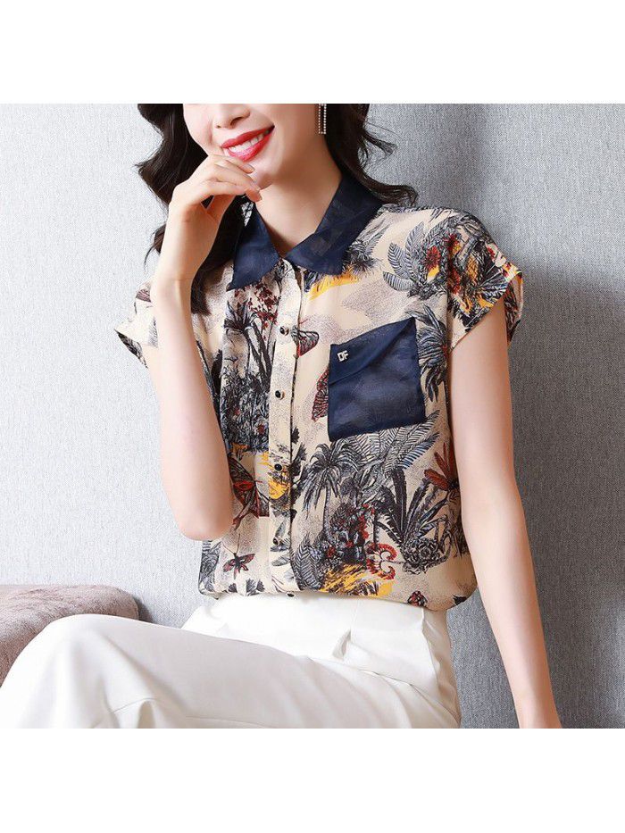 Silk shirt women's  summer new printing silk shirt casual loose top design women's wear 