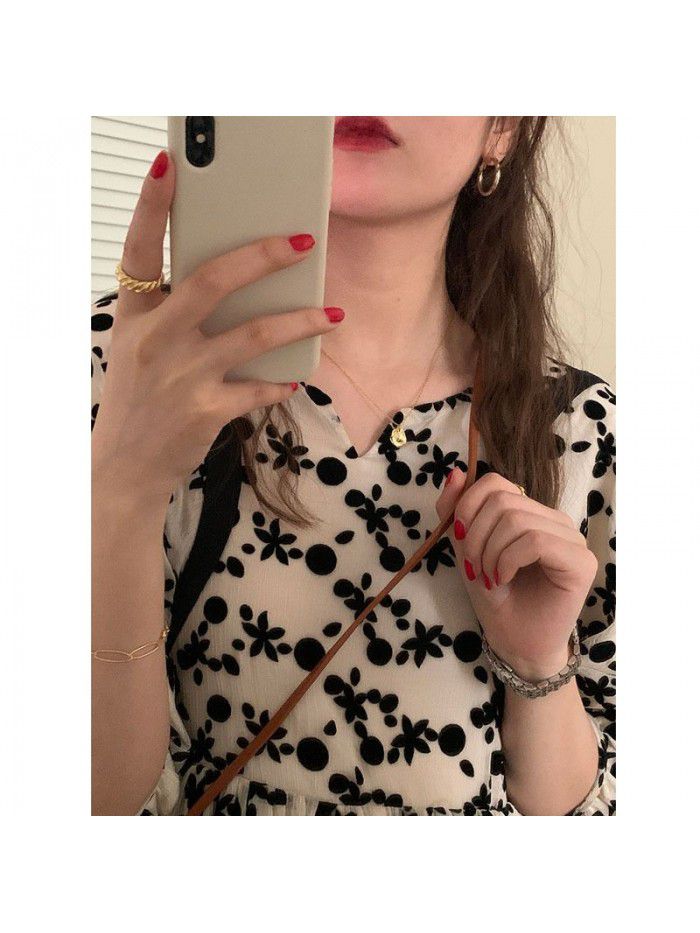 Korean light French foam sleeve flocked floret dress 