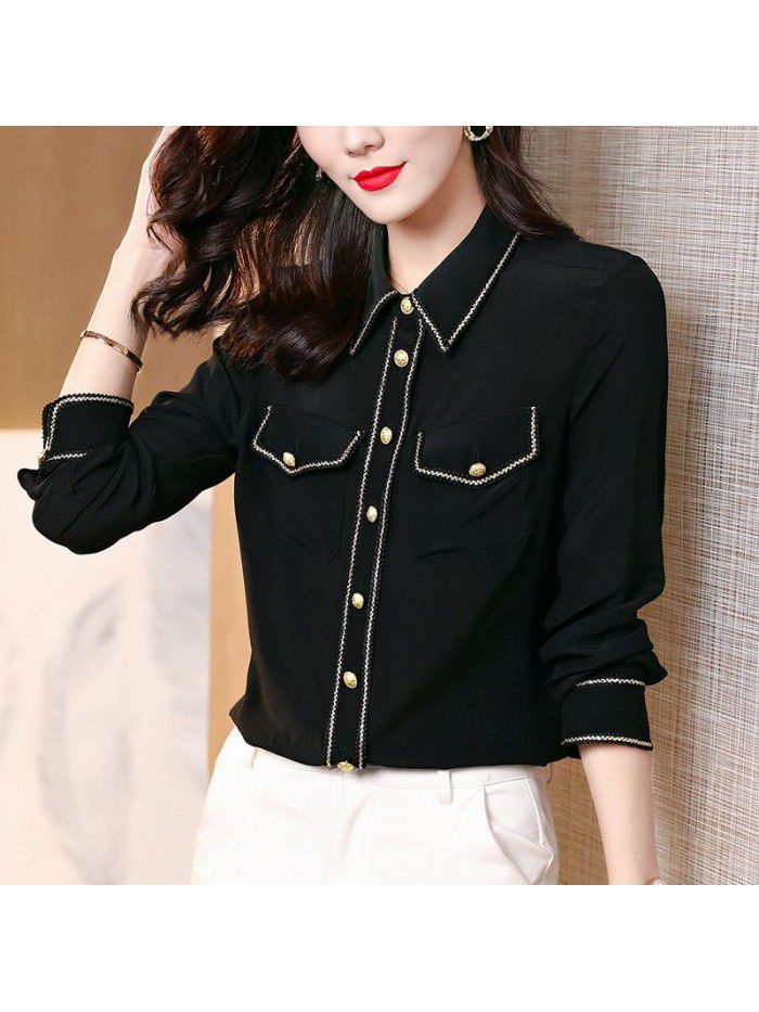 Heavyweight silk shirt long sleeve  spring New Black Slim Fit foreign style drop feeling mulberry silk top 