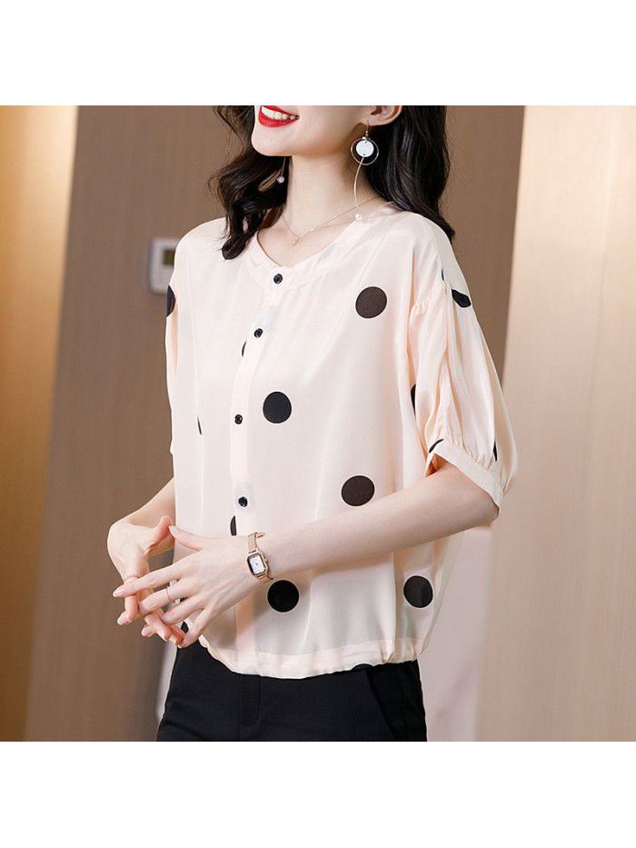 Poldian silk shirt women's European fashion station foreign style small shirt design sense small mulberry silk short sleeve top 
