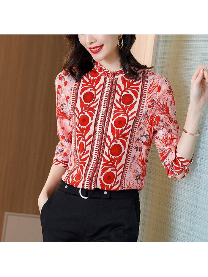 Silk shirt women's long sleeve high end  spring dress new fashion loose retro printing temperament mulberry silk top 