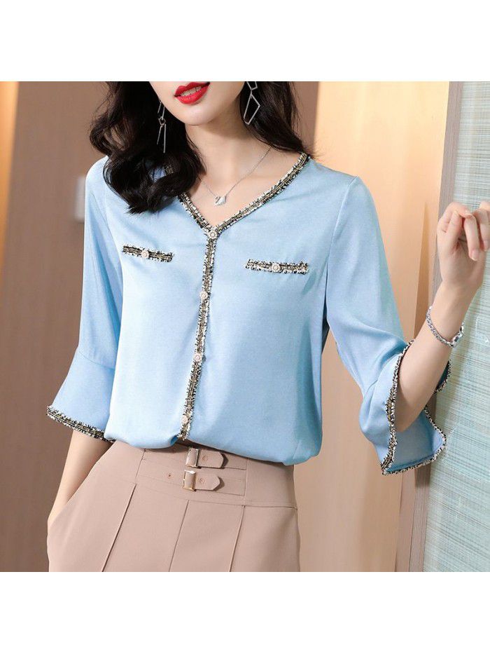 Shuangqiao Silk Shirt Short Sleeve summer dress  new top pure color foreign style shirt mulberry silk ironing temperament 