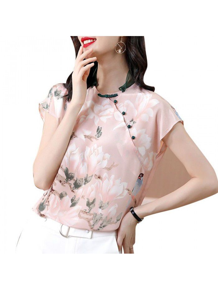 Xianqi silk top women's  summer new retro foreign style slim shirt mulberry silk floral short sleeve shirt 