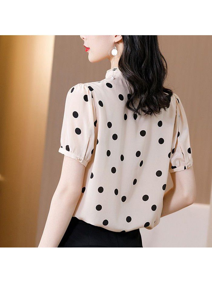 Polka dot printed silk shirt women's short sleeve loose new fashion foreign style stand collar Pullover mulberry silk top spring and summer 