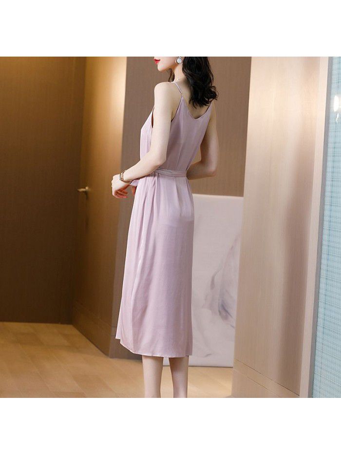 Light mature style dress summer  new style waist close show thin temperament broad lady fashion V-neck pink solid color skirt 