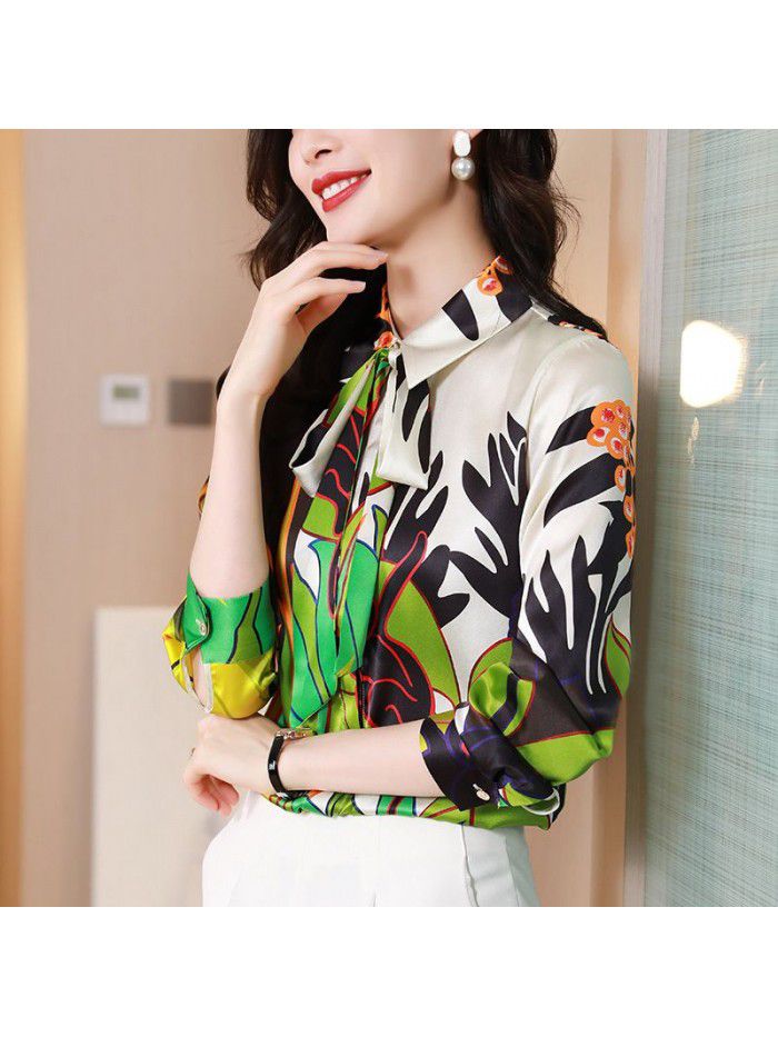 Heavyweight satin silk shirt long sleeve  spring dress new lace up temperament Lapel silk blouse 